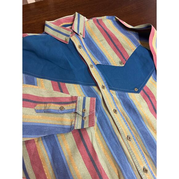 VTG Western Cowboy Retro Button Shirt Men Large Aztec 90s Stripes Stain Starched - Picture 12 of 12